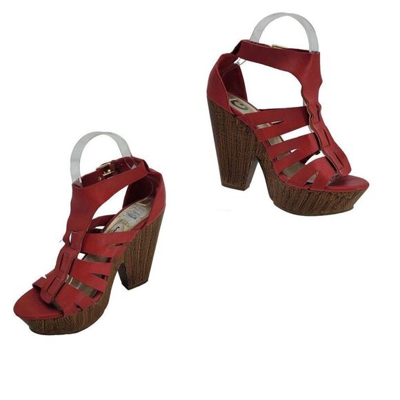 G by Guess Shoes - Y2K Guess Strappy Wedge Platform Sandals‎ 8 Red Faux Vegan Leather Chunky Heels